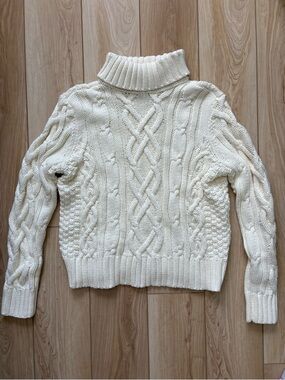Lands' End Cream Chunky Cable-Knit Turtleneck Fisherman Sweater Coastal Medium